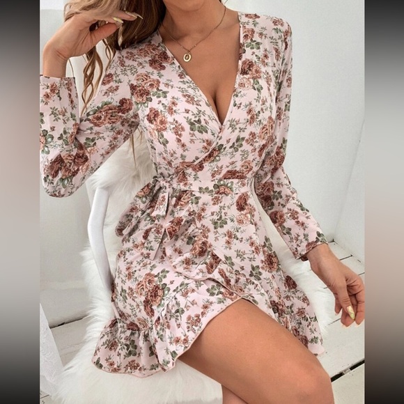 SHEIN Dresses & Skirts - SHEIN Allover Floral Print Belted Ruffle Trim Wrap Hem Dress Size S